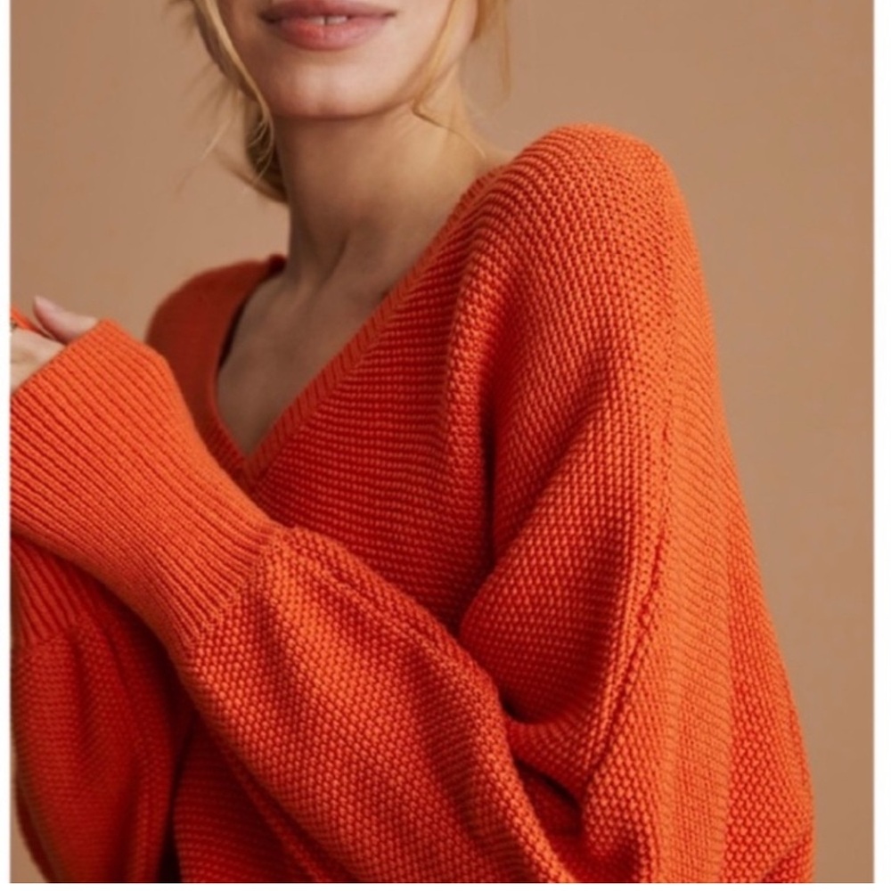 Anthropologie Vibrant Orange Front and Back V-Neck Sweater Size Medium